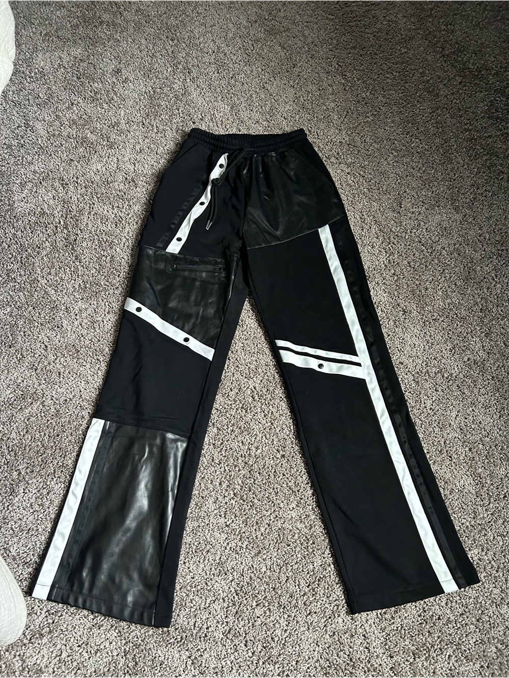 Fashion Nova Black Track Pants with White Stripe Snap Details